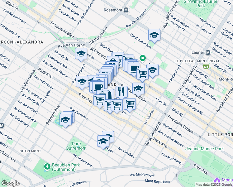 map of restaurants, bars, coffee shops, grocery stores, and more near 5368 Rue Waverly in Montréal