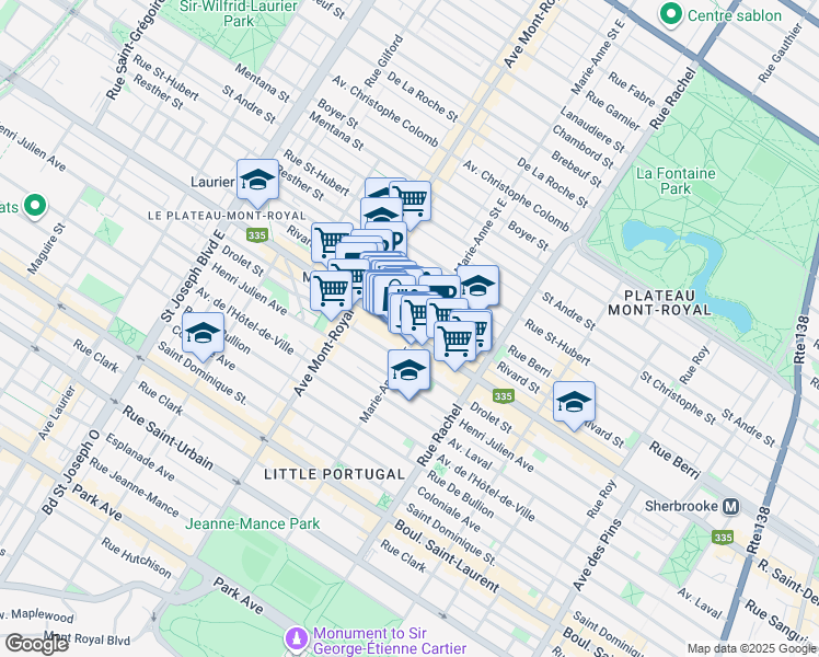 map of restaurants, bars, coffee shops, grocery stores, and more near in Montreal