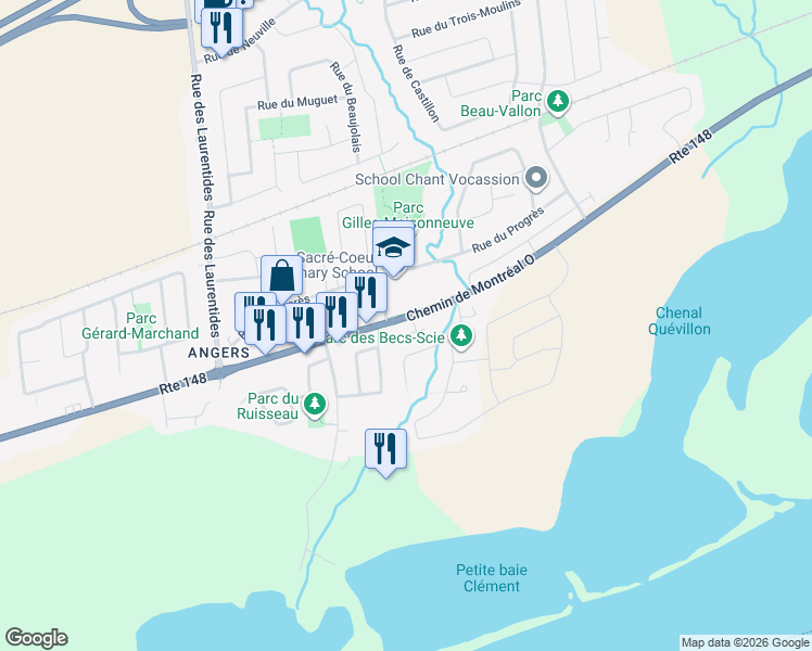 map of restaurants, bars, coffee shops, grocery stores, and more near 1050 Chemin de Montréal Ouest in Gatineau