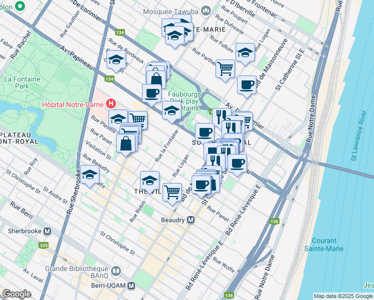 map of restaurants, bars, coffee shops, grocery stores, and more near 1652 Rue de Champlain in Montréal