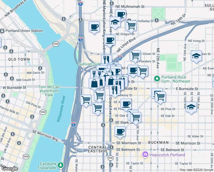 map of restaurants, bars, coffee shops, grocery stores, and more near 77 Northeast Grand Avenue in Portland