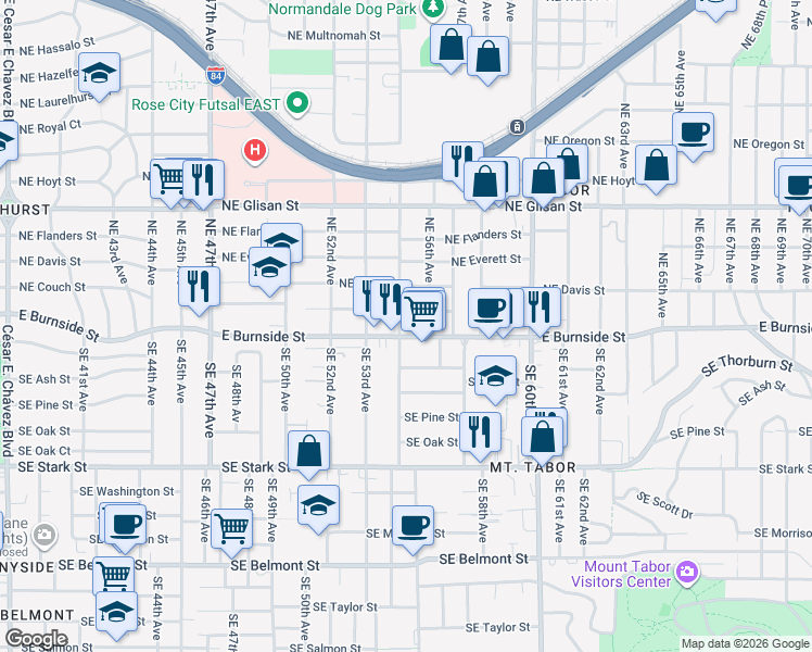 map of restaurants, bars, coffee shops, grocery stores, and more near 16 Northeast 55th Avenue in Portland