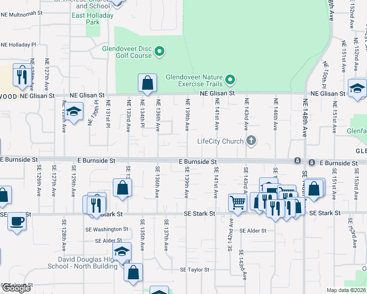 map of restaurants, bars, coffee shops, grocery stores, and more near 123 Northeast 139th Avenue in Portland