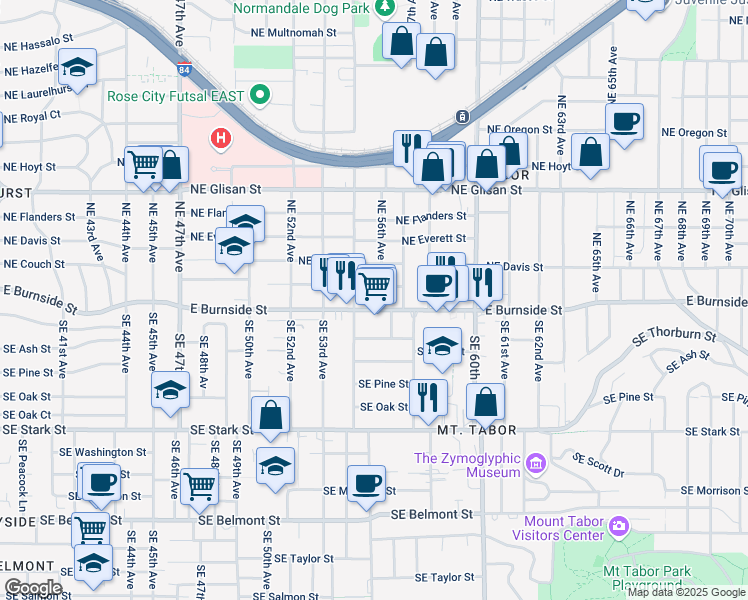 map of restaurants, bars, coffee shops, grocery stores, and more near 5524 Northeast Couch Street in Portland