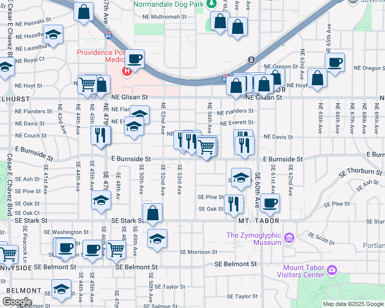 map of restaurants, bars, coffee shops, grocery stores, and more near 5312 Northeast Couch Street in Portland
