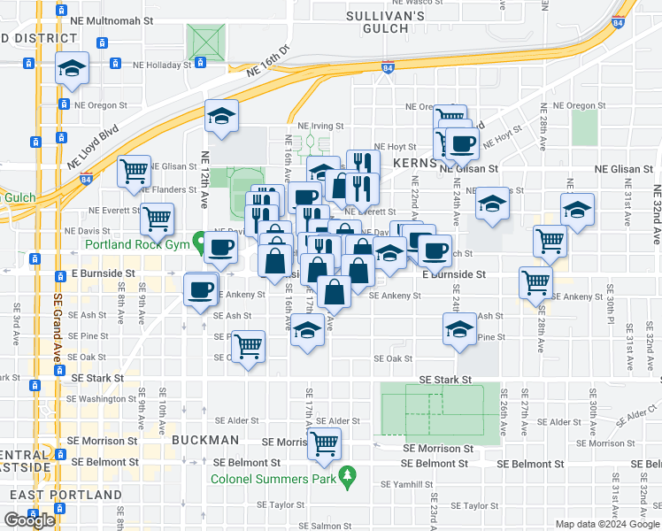 map of restaurants, bars, coffee shops, grocery stores, and more near 35 Northeast 18th Avenue in Portland