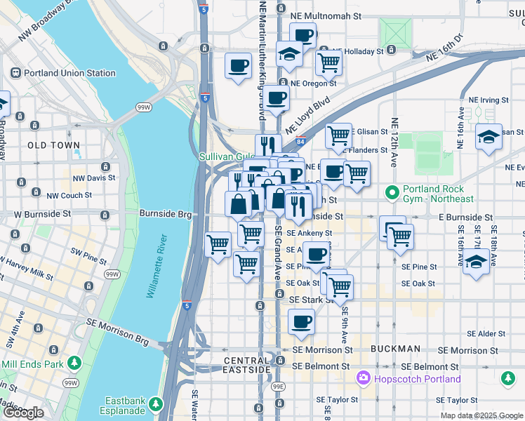 map of restaurants, bars, coffee shops, grocery stores, and more near in Portland