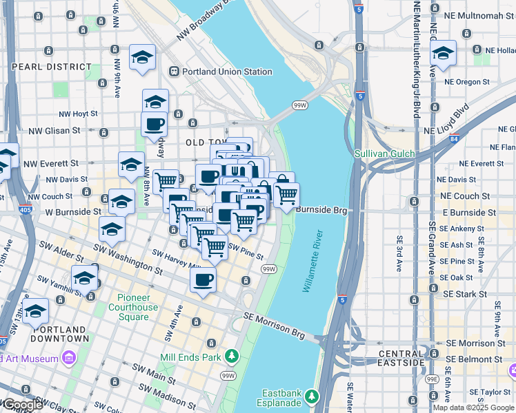 map of restaurants, bars, coffee shops, grocery stores, and more near in Portland