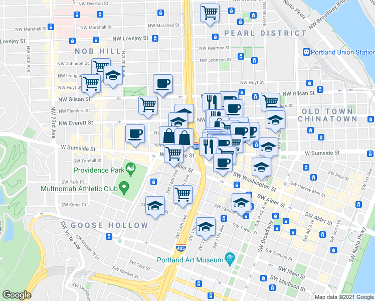 map of restaurants, bars, coffee shops, grocery stores, and more near in Portland