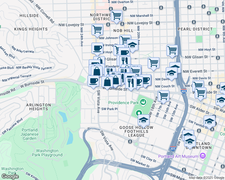 map of restaurants, bars, coffee shops, grocery stores, and more near 2157 West Burnside Street in Portland