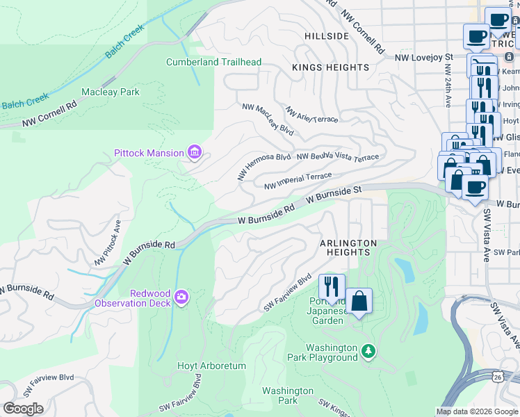 map of restaurants, bars, coffee shops, grocery stores, and more near 2972 Northwest Santanita Terrace in Portland