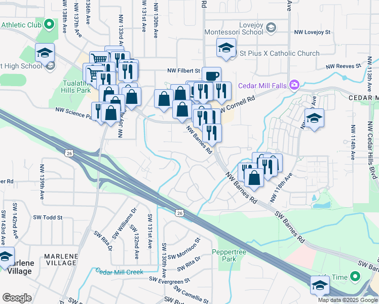 map of restaurants, bars, coffee shops, grocery stores, and more near 12632 Northwest Barnes Road in Portland