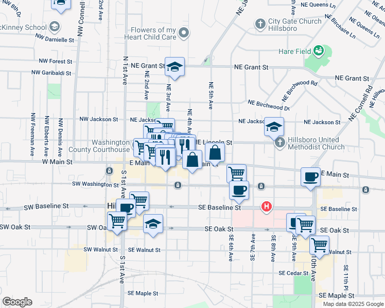 map of restaurants, bars, coffee shops, grocery stores, and more near 434 Northeast Lincoln Street in Hillsboro