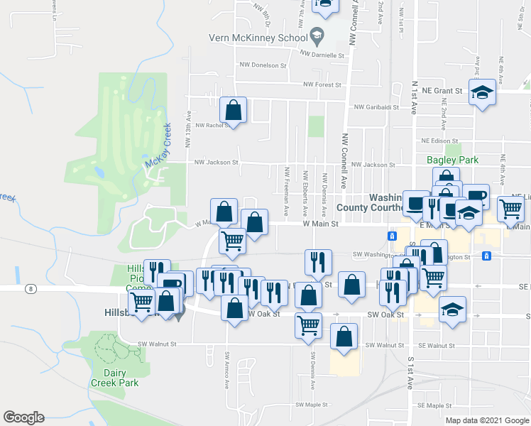 map of restaurants, bars, coffee shops, grocery stores, and more near 775 West Main Street in Hillsboro