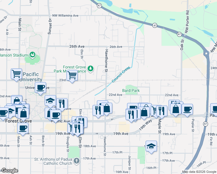 map of restaurants, bars, coffee shops, grocery stores, and more near 2249 Hawthorne Street in Forest Grove