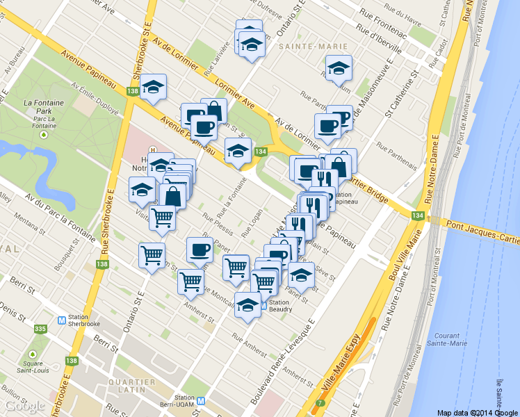 map of restaurants, bars, coffee shops, grocery stores, and more near 1651 Rue de Champlain in Montreal