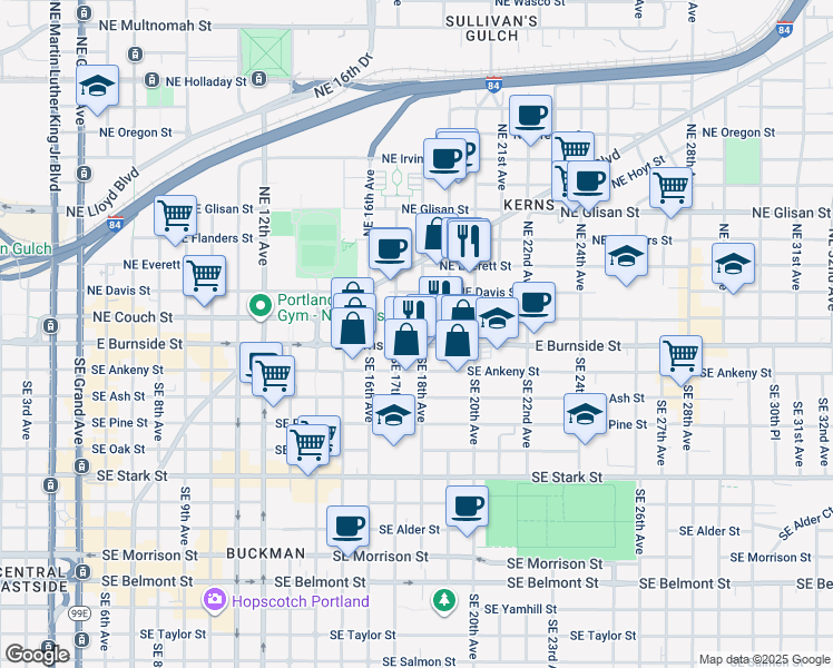 map of restaurants, bars, coffee shops, grocery stores, and more near 15 Northeast 18th Avenue in Portland