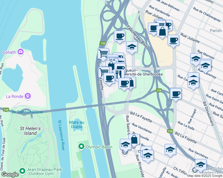 map of restaurants, bars, coffee shops, grocery stores, and more near 950 Rue de Sérigny in Longueuil