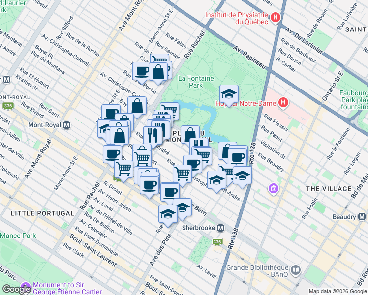 map of restaurants, bars, coffee shops, grocery stores, and more near 3923 Rue de Mentana in Montréal