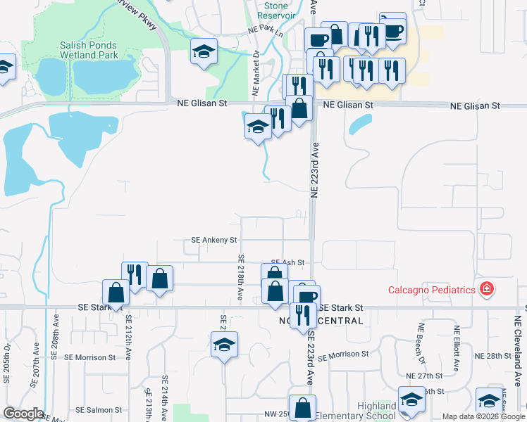 map of restaurants, bars, coffee shops, grocery stores, and more near 21949 Northeast Couch Street in Gresham