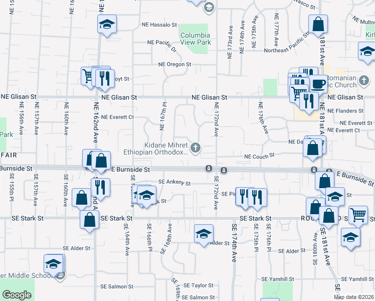 map of restaurants, bars, coffee shops, grocery stores, and more near 16936 Northeast Davis Street in Portland