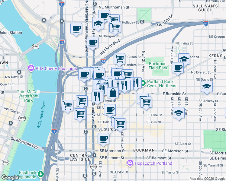 map of restaurants, bars, coffee shops, grocery stores, and more near 732 Northeast Couch Street in Portland