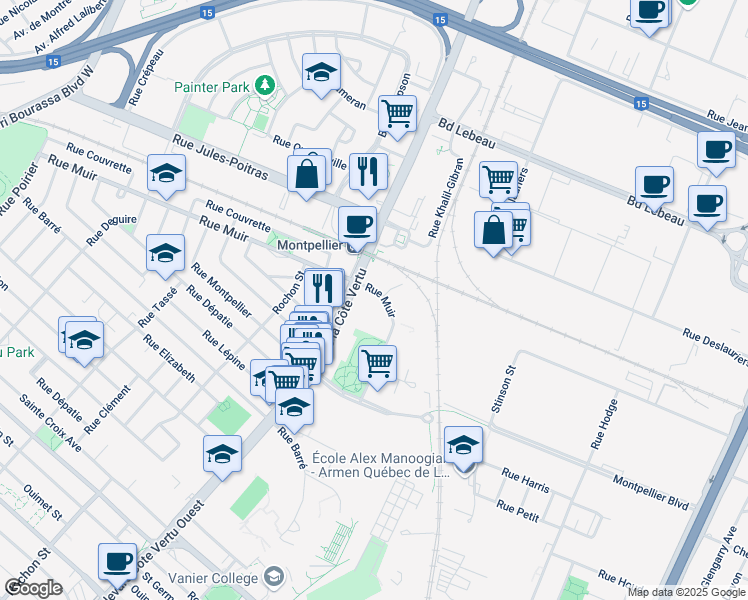 map of restaurants, bars, coffee shops, grocery stores, and more near 950 Rue Muir in Montréal