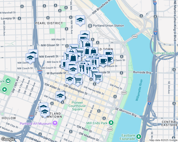 map of restaurants, bars, coffee shops, grocery stores, and more near 10 Northwest Broadway in Portland