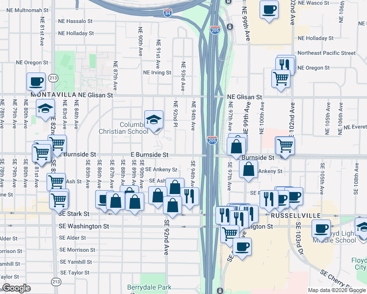 map of restaurants, bars, coffee shops, grocery stores, and more near 9259 East Burnside Street in Portland