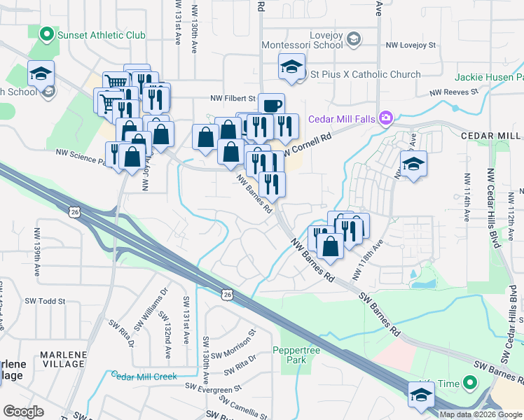 map of restaurants, bars, coffee shops, grocery stores, and more near 12642 Northwest Barnes Road in Portland