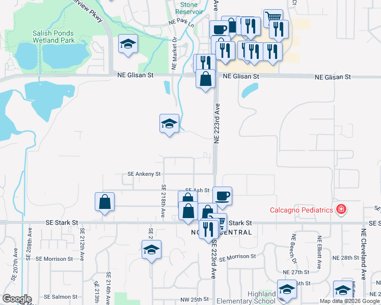 map of restaurants, bars, coffee shops, grocery stores, and more near 21949 Northeast Couch Street in Gresham