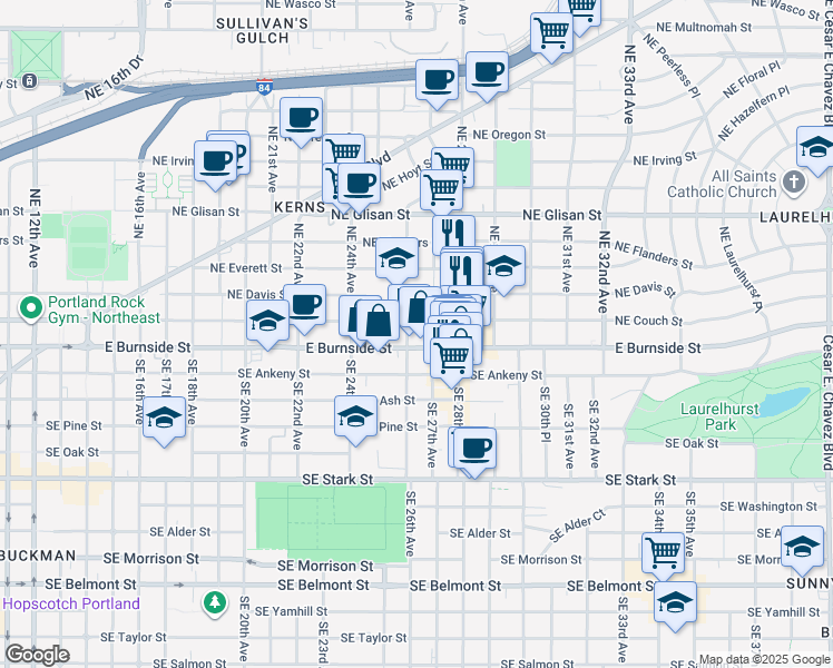 map of restaurants, bars, coffee shops, grocery stores, and more near 2625 East Burnside Street in Portland