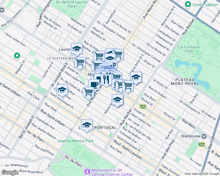 map of restaurants, bars, coffee shops, grocery stores, and more near 4418 Rue Saint-Denis in Montréal