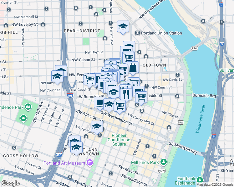 map of restaurants, bars, coffee shops, grocery stores, and more near 15 Northwest Park Avenue in Portland