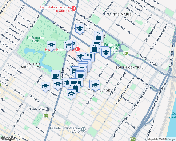 map of restaurants, bars, coffee shops, grocery stores, and more near in Montreal