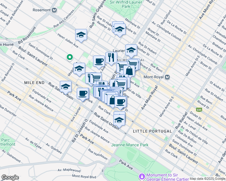 map of restaurants, bars, coffee shops, grocery stores, and more near 121 Rue Elmire in Montreal