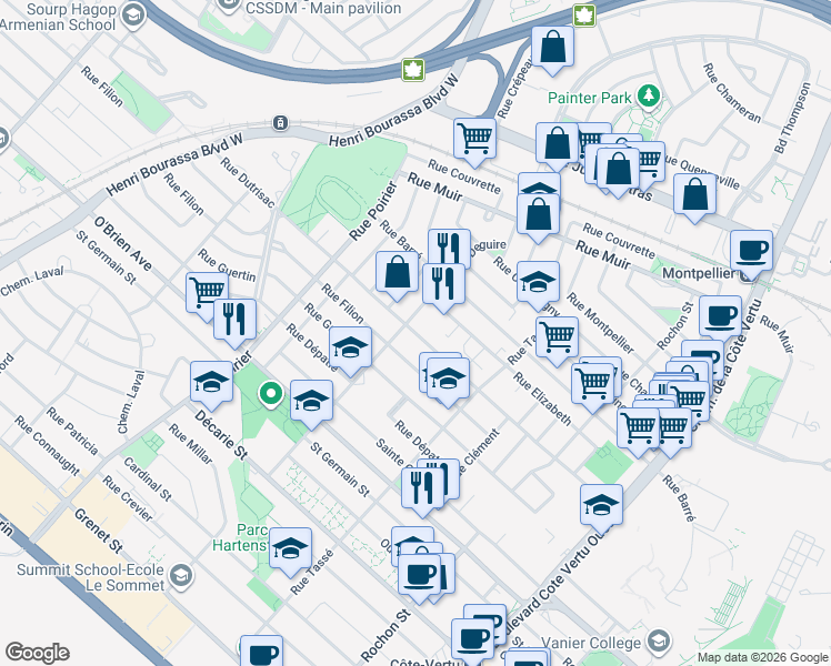 map of restaurants, bars, coffee shops, grocery stores, and more near Rue Dutrisac in Montréal
