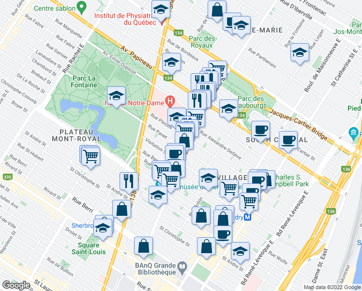 map of restaurants, bars, coffee shops, grocery stores, and more near 2023 Rue Panet in Montréal