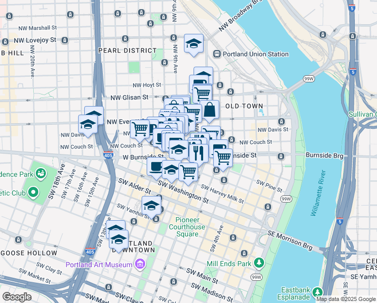 map of restaurants, bars, coffee shops, grocery stores, and more near 15 Northwest Park Avenue in Portland
