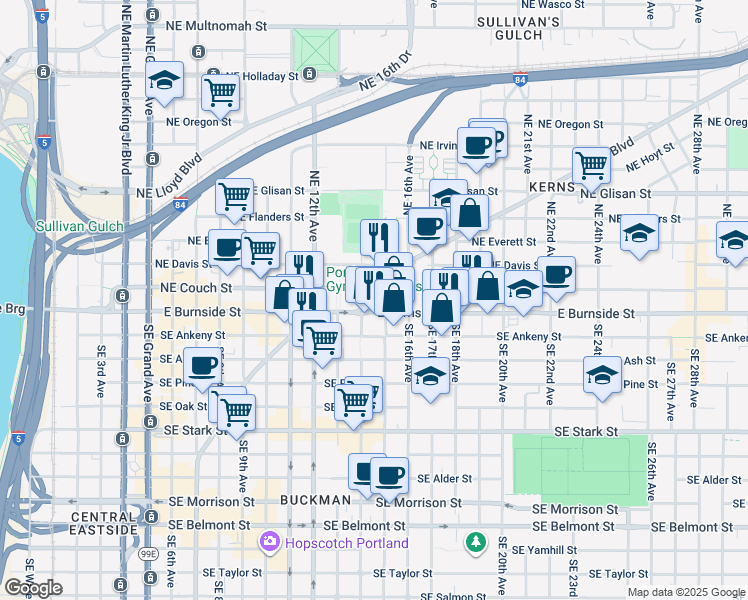 map of restaurants, bars, coffee shops, grocery stores, and more near 1506 Northeast Couch Street in Portland