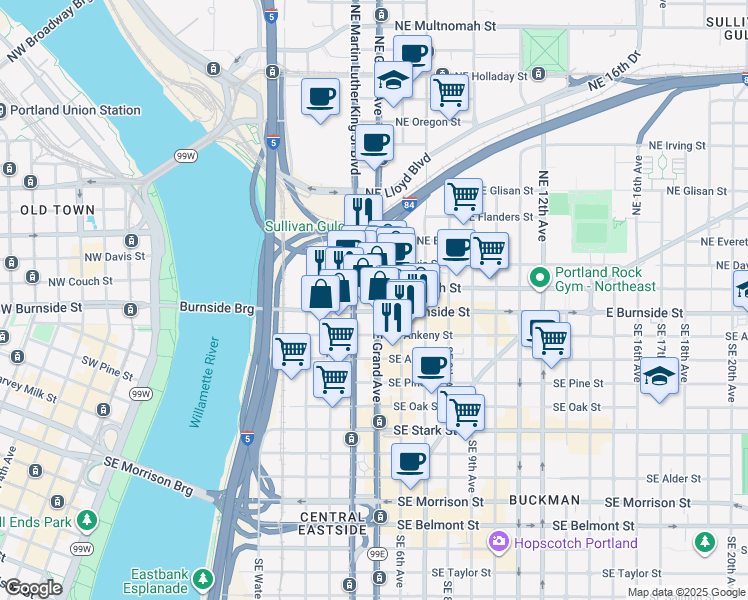 map of restaurants, bars, coffee shops, grocery stores, and more near 77 Northeast Grand Avenue in Portland