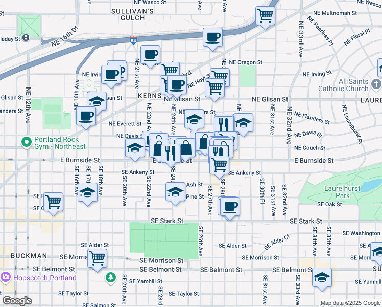 map of restaurants, bars, coffee shops, grocery stores, and more near 2520 Northeast Couch Street in Portland