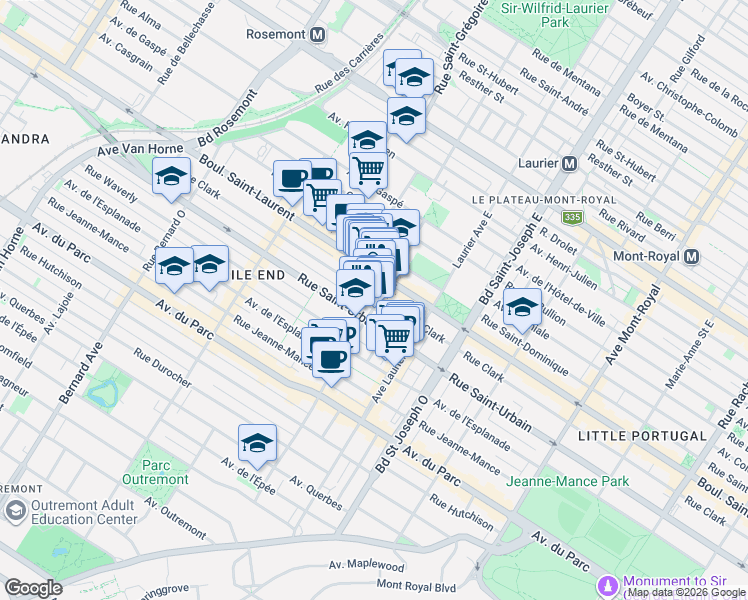 map of restaurants, bars, coffee shops, grocery stores, and more near 5202 Rue Clark in Montréal