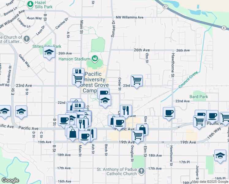 map of restaurants, bars, coffee shops, grocery stores, and more near 2235 University Avenue in Forest Grove