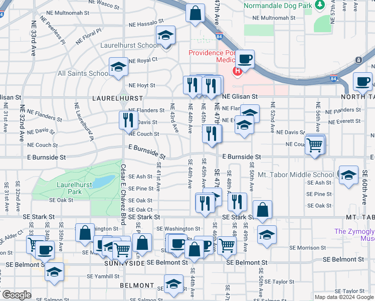 map of restaurants, bars, coffee shops, grocery stores, and more near 4321 East Burnside Street in Portland