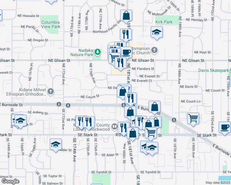 map of restaurants, bars, coffee shops, grocery stores, and more near 17835 Northeast Couch Street in Portland