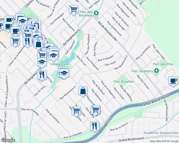 map of restaurants, bars, coffee shops, grocery stores, and more near 111 Rue Beaumont Est in Saint-Bruno-de-Montarville