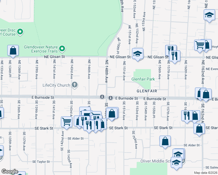 map of restaurants, bars, coffee shops, grocery stores, and more near 109 Northeast 148th Avenue in Portland