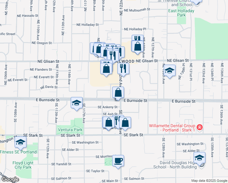 map of restaurants, bars, coffee shops, grocery stores, and more near 203 Northeast 122nd Avenue in Portland