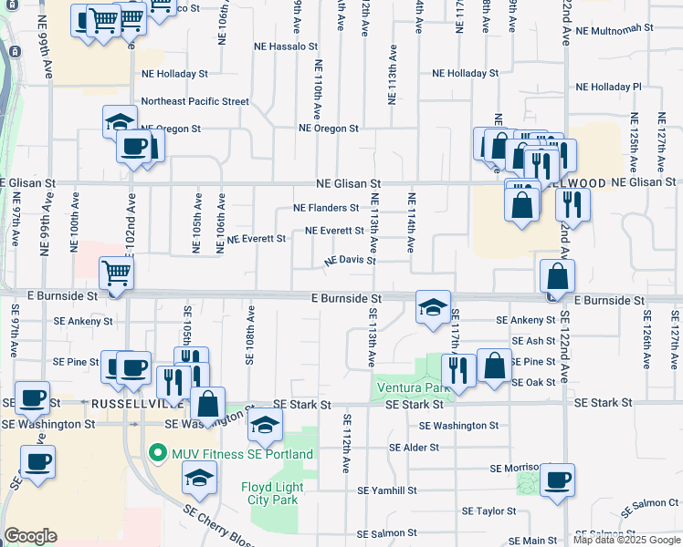 map of restaurants, bars, coffee shops, grocery stores, and more near 11110 Northeast Davis Street in Portland